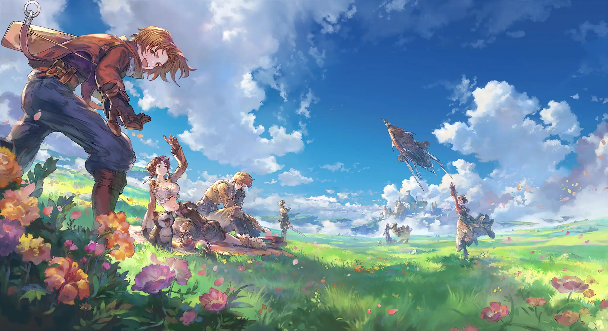 Ragnarok Online 3 key art: adventurers resting in a flower meadow as an airship sails past a floating city
